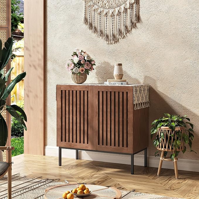 BVIUNTWO Storage Cabinet, Modern Coffee Bar with Adjustable Shelf and Metal Base, 32 Inch Wood Multifunctional Console Table for Kitchen, Living Room, Entryway, Brown