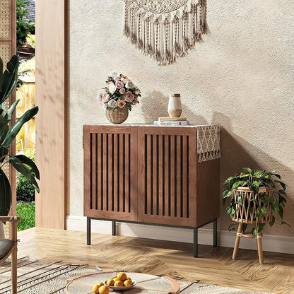 BVIUNTWO Storage Cabinet, Modern Coffee Bar with Adjustable Shelf and Metal Base, 32 Inch Wood Multifunctional Console Table for Kitchen, Living Room, Entryway, Brown