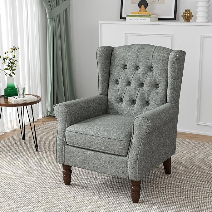 Wingback Accent Chair, Button-Tufted High Back Armchair for Living Room, Upholstered Wingback Chair with Solid Wood Legs, Comfy Single Sofa Reading Chair for Bedroom, Grey