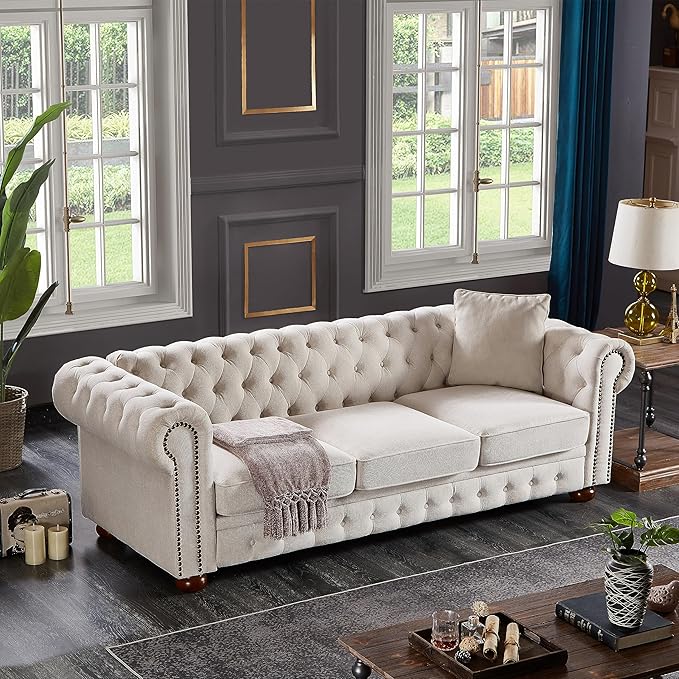 Chesterfield Sofa, 89" Mid Century Modern Couch with Low Back, Roll Arm Nailhead Trim Classic 3 Seater Couch for Living Room, Office, Apartment, Linen Beige