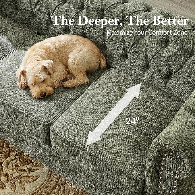 Modern Chesterfield 2-Piece Chenille Sofa & Loveseat Combo, Tufted Couch and Love Seat with Rolled Arms Nailhead Trim and Solid Wood Legs Traditional Upholstered Sofa Set for Living Room Home Green