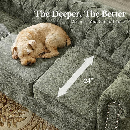 Modern Chesterfield 2-Piece Chenille Sofa & Loveseat Combo, Tufted Couch and Love Seat with Rolled Arms Nailhead Trim and Solid Wood Legs Traditional Upholstered Sofa Set for Living Room Home Green