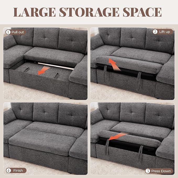 Huatean Home 100" Oversized Sleeper Sofa Couch, 2 in 1 Pullout Couch Bed with Side Pockets for Living Room, Sectional Sleeper Sofa Bed with Double Storage Chaise, Darkgrey