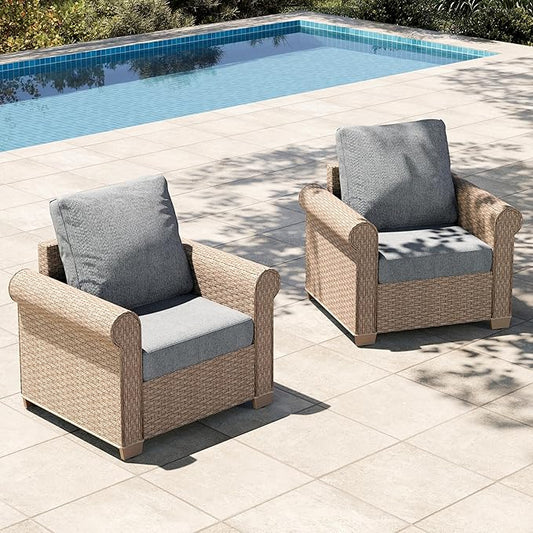 HERA'S HOUSE Patio Furniture Set, 4 x Cushioned Chairs, 3-Seat Sofa with Wood Grain Coffee Table, 5 Seats Luxury Windsor Style All Weahter Outdoor Sofa Conversation Set for Deck Lawn Backyard
