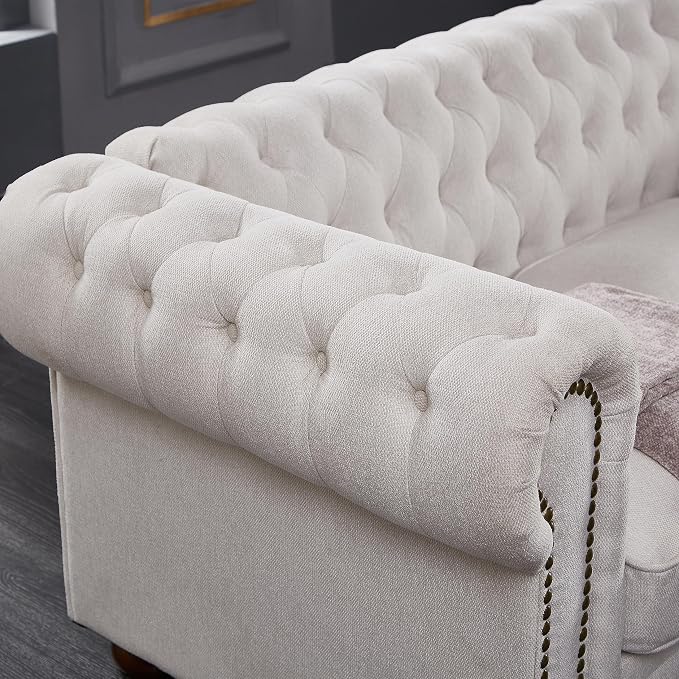 Chesterfield Sofa, 89" Mid Century Modern Couch with Low Back, Roll Arm Nailhead Trim Classic 3 Seater Couch for Living Room, Office, Apartment, Linen Beige