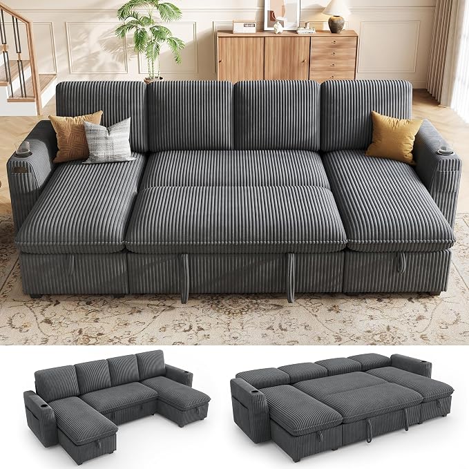 Sectional Sleeper Sofa with Pull Out Bed, Plush Corduroy Sectional Sofa with Double Storage Chaise and Adjustable Backrest, Cloud Sectional Couches for Living Room, Apartment, Light Grey