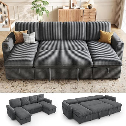 Sectional Sleeper Sofa with Pull Out Bed, Plush Corduroy Sectional Sofa with Double Storage Chaise and Adjustable Backrest, Cloud Sectional Couches for Living Room, Apartment, Light Grey