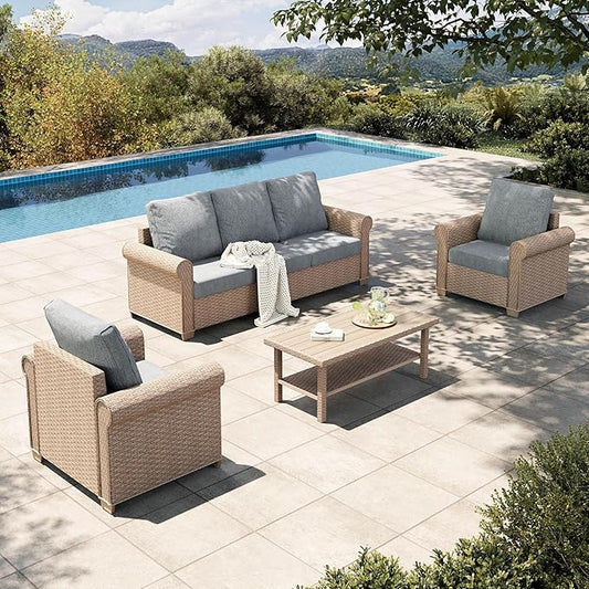HERA'S HOUSE Patio Furniture Set, 4 x Cushioned Chairs, 3-Seat Sofa with Wood Grain Coffee Table, 5 Seats Luxury Windsor Style All Weahter Outdoor Sofa Conversation Set for Deck Lawn Backyard