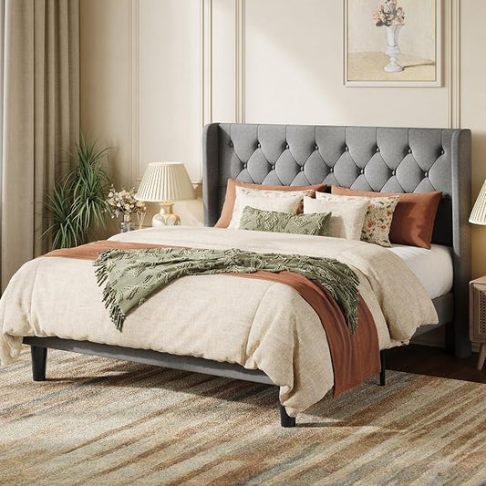 SHA CERLIN Full Size Upholstered Platform Bed Frame with Wingback Headboard, Tufted Linen Fabric, Wooden Slats Support, Easy Assembly, No Box Spring Needed, Light Grey
