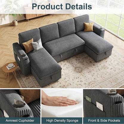 Sectional Sleeper Sofa with Pull Out Bed, Plush Corduroy Sectional Sofa with Double Storage Chaise and Adjustable Backrest, Cloud Sectional Couches for Living Room, Apartment, Light Grey