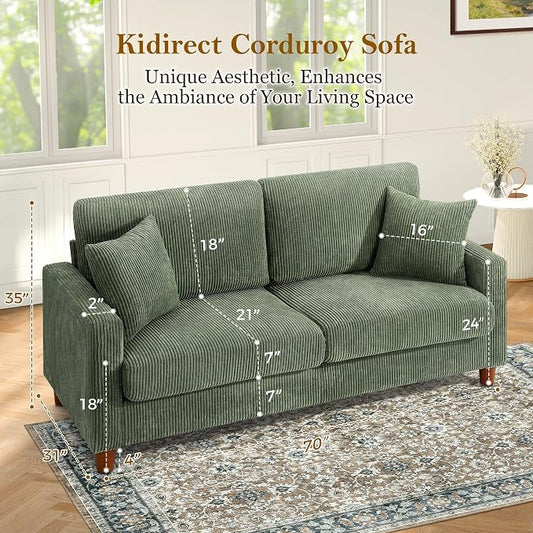 Kidirect 70in Corduroy Couch, Sofas for Living Room No Tool Assembly, Comfy Couches for Living Room 21in Deep Seats, Oversized Loveseat Sofa with 2 Pillows, 3 Seater Couch for Bedroom, Oliver Sofa