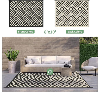GENIMO Outdoor Rugs 8'x10' Waterproof, Reversible Mats, Area Plastic Straw Rug, Outside Carpet, Geometric Rv Mat for Patio Camping Rv Picnic Backyard Deck Balcony Porch Beach Trailer (Black & Beige)