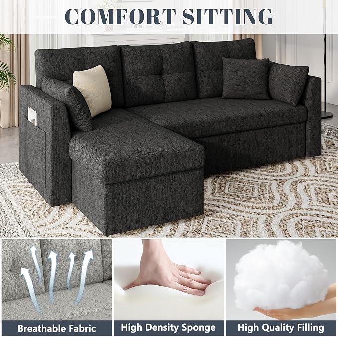 Huatean Home Sleeper Couch Sofa, Sectional Sleeper Sofa Bed with Side Pocket for Living Room, 2 in 1 Pullout Couch Bed with Storage Chaise, Black