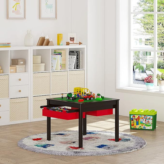 UTEX 2 in 1 Kids Construction Play Table with Storage Drawers and Built in Plate (Espresso)