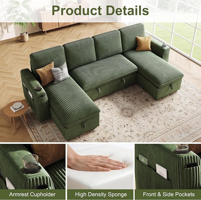 Sectional Sleeper Sofa with Pull Out Bed, Plush Corduroy Sectional Sofa with Double Storage Chaise and Adjustable Backrest, Cloud Sectional Couches for Living Room, Apartment, Green
