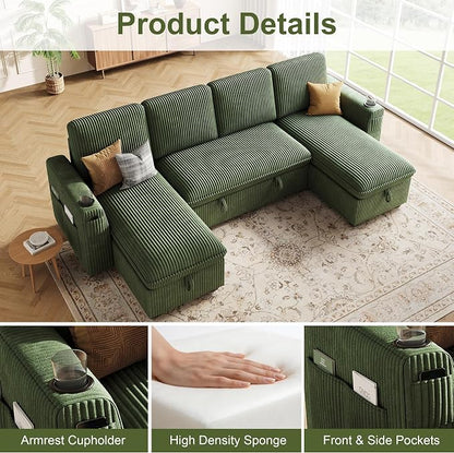 Sectional Sleeper Sofa with Pull Out Bed, Plush Corduroy Sectional Sofa with Double Storage Chaise and Adjustable Backrest, Cloud Sectional Couches for Living Room, Apartment, Green
