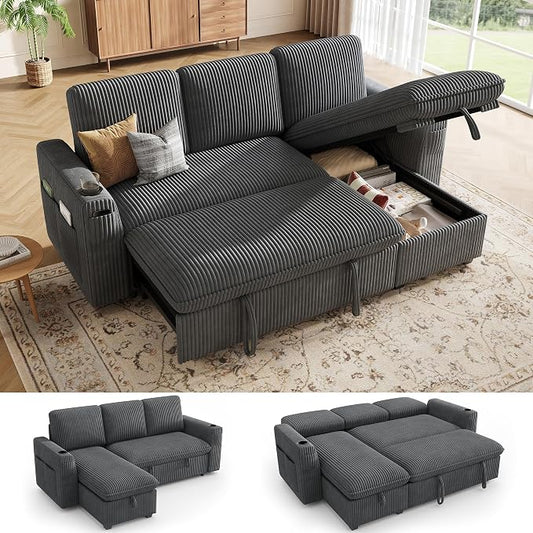 Sectional Sleeper Sofa with Pull Out Bed, Plush Corduroy Sectional Sofa with Storage Chaise and Adjustable Backrest, Cloud Sectional Couches for Living Room, Apartment, Light Grey