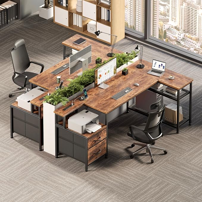 Korfile 57 Inch L Shaped Gaming Desk with Power Outlets and Type-C Port, Reversible Computer Office Desk with 2 Fabric Drawers & Mesh Shelves, Corner Desk for Study Work Writing Desk, Rustic Brown