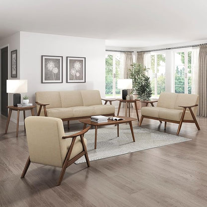 Lexicon Mid Century Modern Accent Chair with Solid Wood Frame in Walnut Finish, Upholstered Living Room Lounge Arm Chair, Thick and Comfy Innerspring Seat Cushion, Linen-Look Fabric, Light Brown