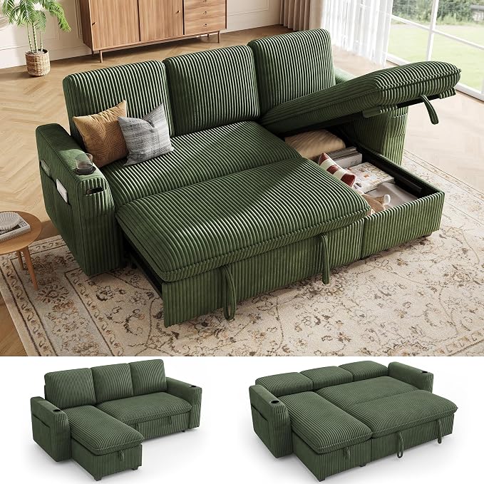 Sectional Sleeper Sofa with Pull Out Bed, Plush Corduroy Sectional Sofa with Storage Chaise and Adjustable Backrest, Cloud Sectional Couches for Living Room, Apartment, Green
