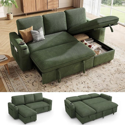 Sectional Sleeper Sofa with Pull Out Bed, Plush Corduroy Sectional Sofa with Storage Chaise and Adjustable Backrest, Cloud Sectional Couches for Living Room, Apartment, Green