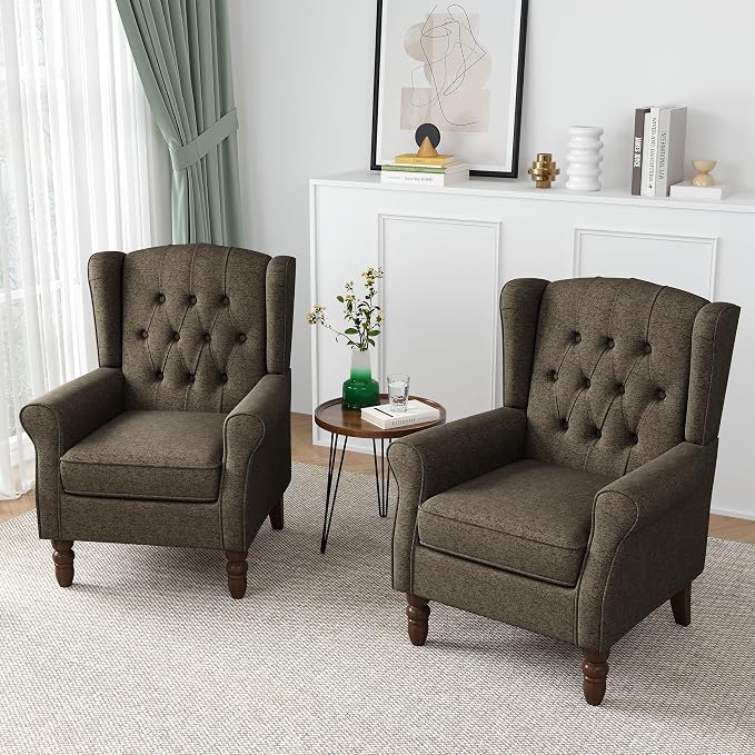 High Back Accent Chairs Set of 2, High Wingback Chair for Living Room, Button-Tufted Upholstered Fabric Armchair with Solid Wood Legs, Comfy Single Sofa Reading Chair for Bedroom, Taupe
