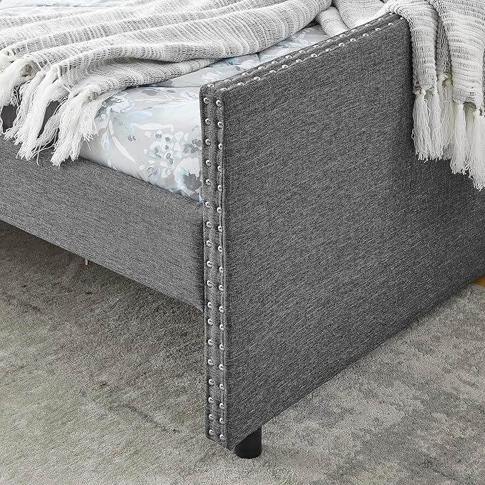 KEIKI Queen Size Upholstery Daybed with 2 Drawers and Headboard, Mid-Century Style Tufted Sofa Bed with Button on Back, Easy Assembly, No Box Spring Required, for Living Room and Bedroom, Dark Grey