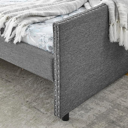 KEIKI Queen Size Upholstery Daybed with 2 Drawers and Headboard, Mid-Century Style Tufted Sofa Bed with Button on Back, Easy Assembly, No Box Spring Required, for Living Room and Bedroom, Dark Grey