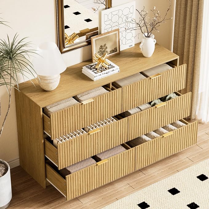 Furniway Mid Century Modern Dresser for Bedroom, 6 Drawer Wood Dresser with Fluted Front, 55.1" Wide Chest of Drawers for Living Room, Hallway, Natural Oak