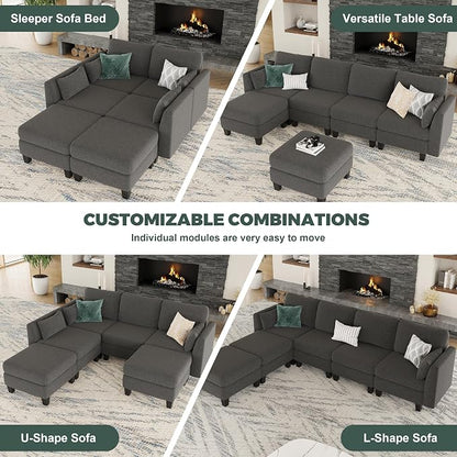 Modular Sectional Sofa, 6 Seaters Modular Sleeper Sofa Couch, Comfy Sectionals Couches Bed, Convertible Sofas with Ottomans, Sectional Couches for Living Room, Dark Grey