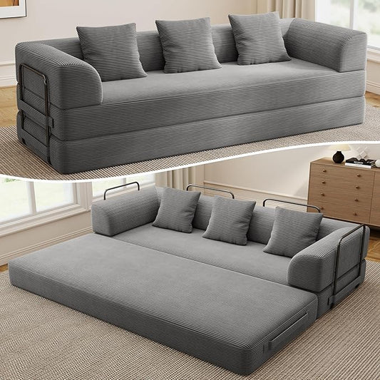 89" Cloud Boneless Convertible Sofa Bed, 5-in-1 Foldable Compressed High-Density Sponge Sofa, Corduroy Fabric 3 Seater Sleeper Couch Futon Daybed for Living Room Bedroom (Gray) | 5-in-1 Foldable