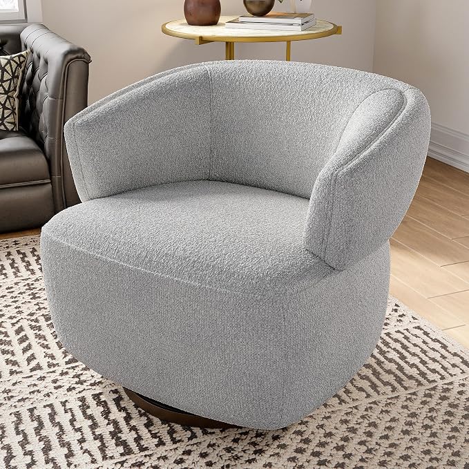 RoyalCraft Swivel Accent Chair, Fully Assembled Round Barrel Chairs, Oversized Upholstered Armchair with 360-Degree Base, Modern Club Chair for Living Room, Bedroom, Office, Grey