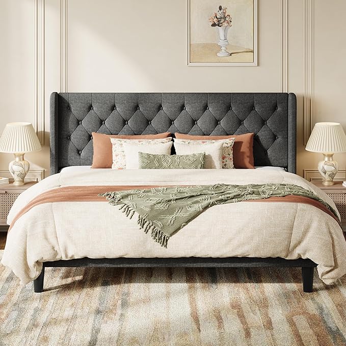 SHA CERLIN King Size Upholstered Platform Bed Frame and Wingback Headboard, Tufted Linen Fabric, Wooden Slats Support, Easy Assembly, No Box Spring Needed, Dark Grey