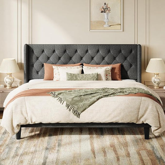 SHA CERLIN King Size Upholstered Platform Bed Frame and Wingback Headboard, Tufted Linen Fabric, Wooden Slats Support, Easy Assembly, No Box Spring Needed, Dark Grey