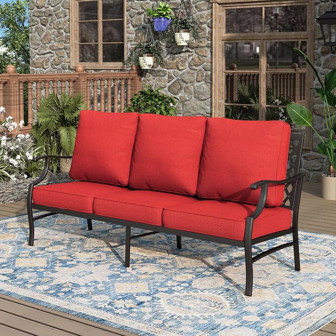 MIXPATIO Patio Couch Metal 3-Seat Outdoor Sofa Deep Seating Outdoor Furniture Red Cushion for Front Porch, Deck, Balcony, Backyard, Sunroom