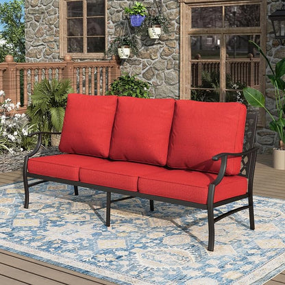 MIXPATIO Patio Couch Metal 3-Seat Outdoor Sofa Deep Seating Outdoor Furniture Red Cushion for Front Porch, Deck, Balcony, Backyard, Sunroom