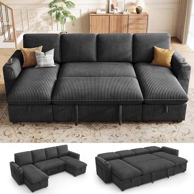 Sectional Sleeper Sofa with Pull Out Bed, Plush Corduroy Sectional Sofa with Double Storage Chaise and Adjustable Backrest, Cloud Sectional Couches for Living Room, Apartment, Dark Grey