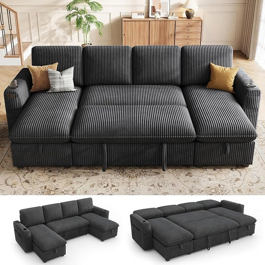Sectional Sleeper Sofa with Pull Out Bed, Plush Corduroy Sectional Sofa with Double Storage Chaise and Adjustable Backrest, Cloud Sectional Couches for Living Room, Apartment, Dark Grey