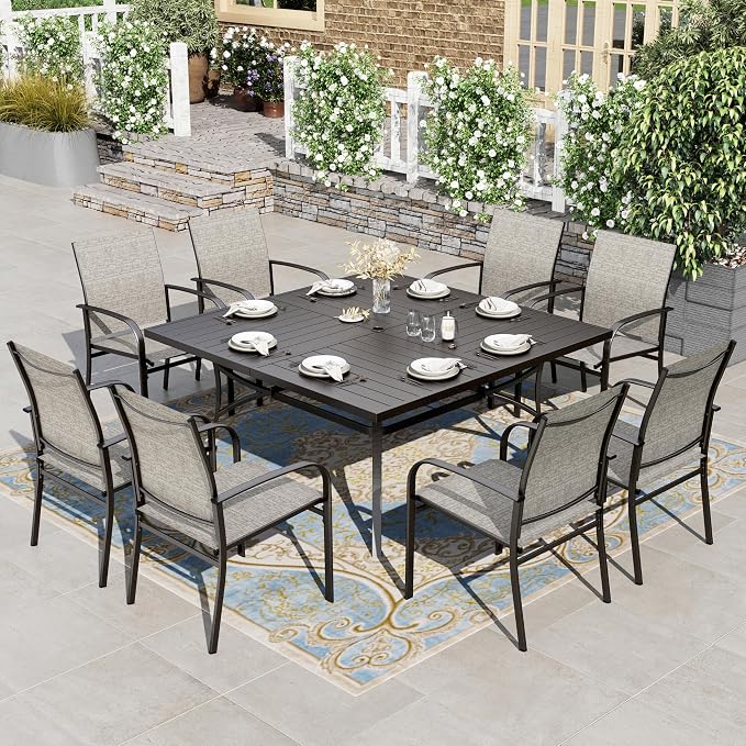 HERA'S HOUSE 9 Pieces Patio Dining Set, Outdoor Table and Chairs Set for 8, 8 x Brown Textilene Dining Chair and 57.5" Square Metal Dining Table, Outdoor Dining Sets for Lawn Garden Backyard Deck