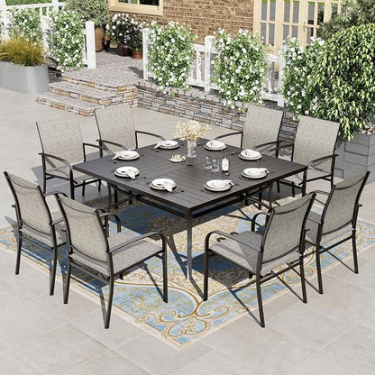HERA'S HOUSE 9 Pieces Patio Dining Set, Outdoor Table and Chairs Set for 8, 8 x Brown Textilene Dining Chair and 57.5" Square Metal Dining Table, Outdoor Dining Sets for Lawn Garden Backyard Deck