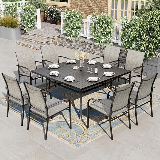 HERA'S HOUSE 9 Pieces Patio Dining Set, Outdoor Table and Chairs Set for 8, 8 x Brown Textilene Dining Chair and 57.5" Square Metal Dining Table, Outdoor Dining Sets for Lawn Garden Backyard Deck