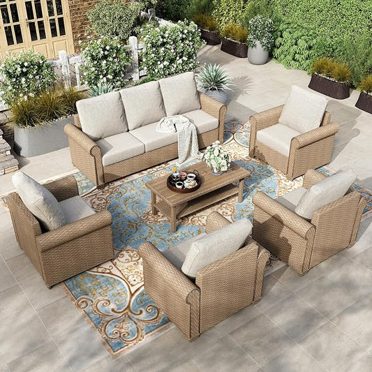 HERA'S HOUSE Patio Furniture Set, 4 x Cushioned Chairs, 3-Seat Sofa with Wood Grain Coffee Table, 5 Seats Luxury Windsor Style All Weahter Outdoor Sofa Conversation Set for Deck Lawn Backyard