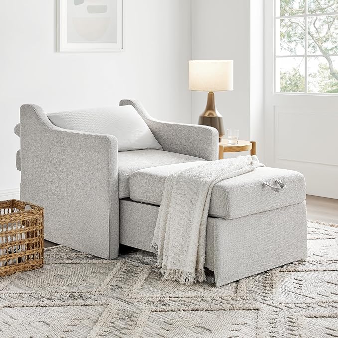Serta Hawthorne 35" Slipcovered Convertible Accent Chair, Cot Size, Dreamcoil Comfort, Finger Guard Protection, Polyester Tweed Fabric, Linen