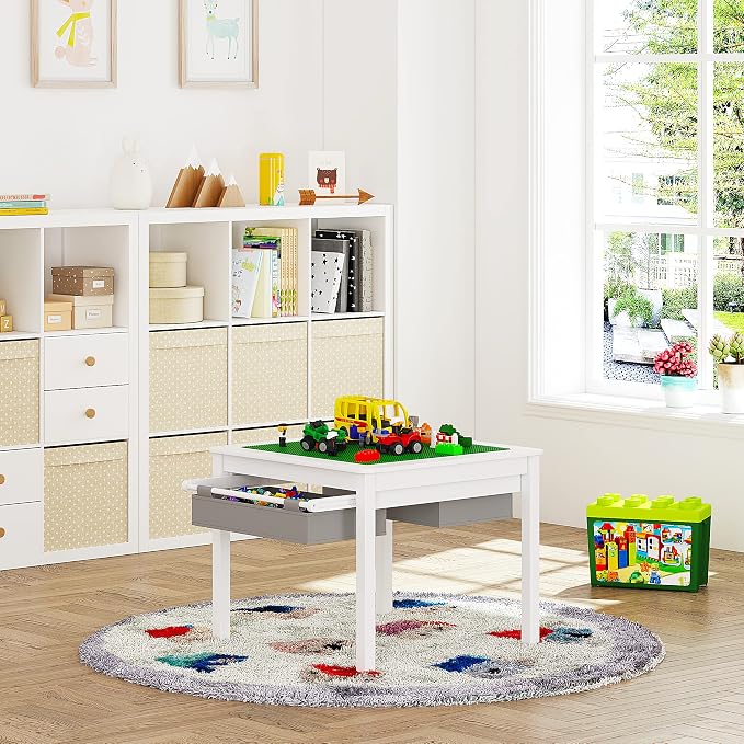 UTEX 2 in 1 Kids Construction Play Table with Storage (White) | with Storage Drawers and Built in Plate