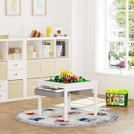 UTEX 2 in 1 Kids Construction Play Table with Storage (White) | with Storage Drawers and Built in Plate