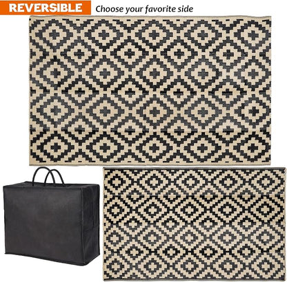 SAND MINE Waterproof Outdoor Rug 5x8 ft, Plastic Reversible Rug, Modern Area Rug, Large Floor Mat for Outdoors, RV, Patio, Backyard, Deck, Picnic, Beach, Camping, Black & Beige