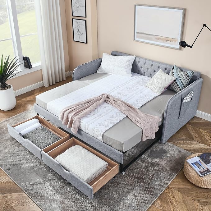 KEIKI Twin Size Upholstery Daybed with Trundle and 2 Drawers, Twin to King Design Mid-Century Style Extendable Sofa Bed, Easy Assembly, No Box Spring Required, for Living Room, Grey