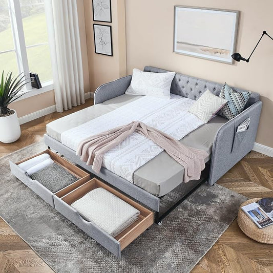 KEIKI Twin Size Upholstery Daybed with Trundle and 2 Drawers, Twin to King Design Mid-Century Style Extendable Sofa Bed, Easy Assembly, No Box Spring Required, for Living Room, Grey