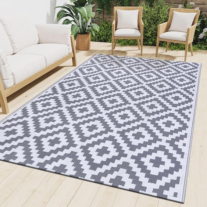 Smiry Waterproof Outdoor Rug 9X18 ft, Reversible Plastic Straw Patio Camping Rugs, Outdoor Indoor RV Mat Carpet for Patio, Outside Entry, Backyard, Deck, Bench, Picnic, Camper, White & Grey