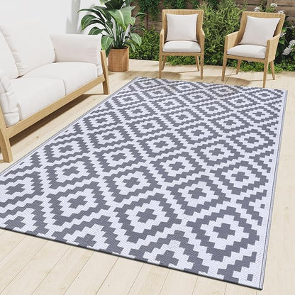 Smiry Waterproof Outdoor Rug 9X18 ft, Reversible Plastic Straw Patio Camping Rugs, Outdoor Indoor RV Mat Carpet for Patio, Outside Entry, Backyard, Deck, Bench, Picnic, Camper, White & Grey